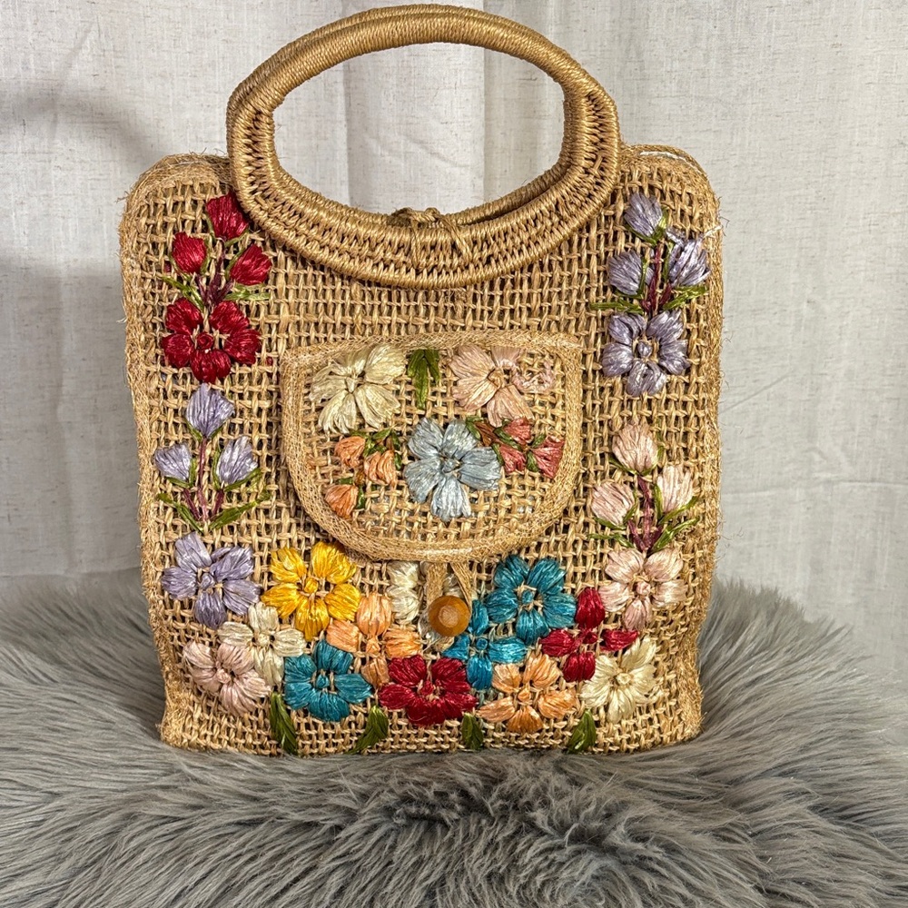 Vintage Handwoven Floral Embroidered Straw Tote With Multicolor Flowers